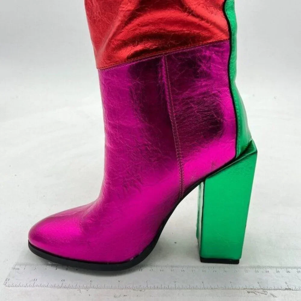 FSJ Red Purple Knee High Stretch Round Toe Block Chunky Pull On Shoes